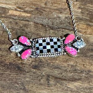 Southwestern Hot Pink Opal, CZ, and Black Checkered sterling silver Necklace
